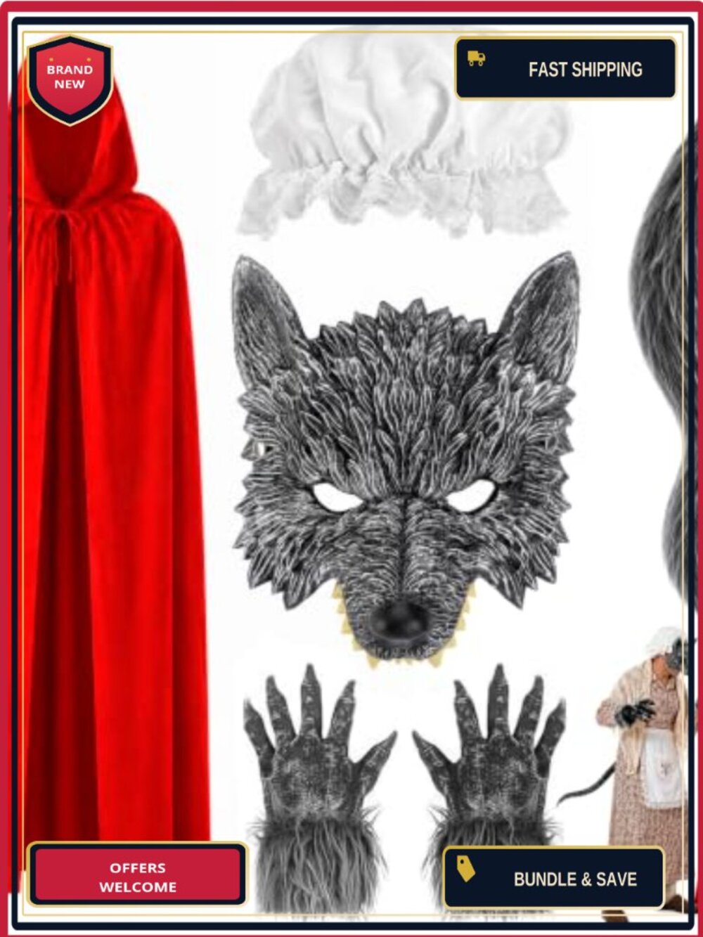 Wolf Couples Halloween Costume Set Gold Velvet Cape 3D Mask 5 Piece